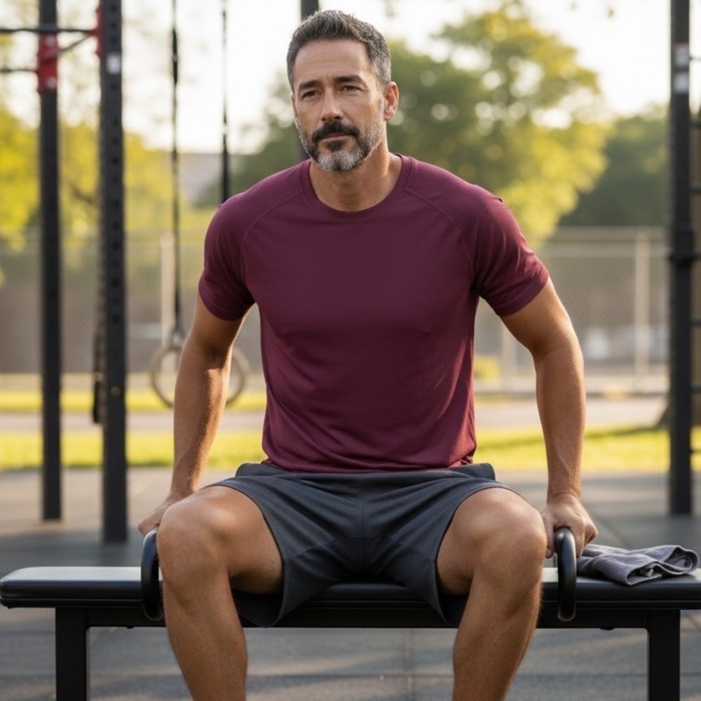 Fabletics Mens‎ XL Training T-Shirt Maroon Burgundy Raglan Short Sleeve